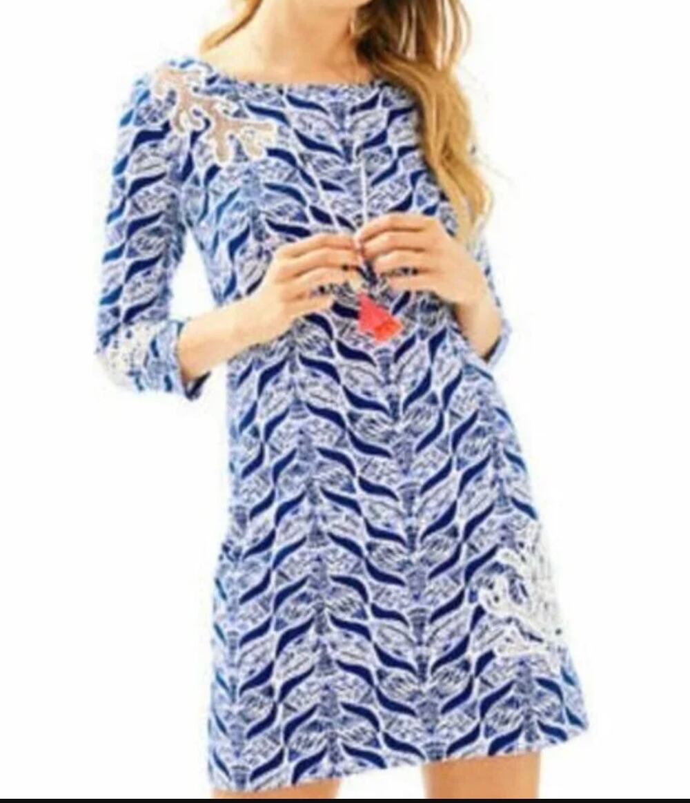 Lilly Pulitzer Marlowe 3/4 Sleeve Coral Print Tee Shirt Mini Dress Navy Blue XL